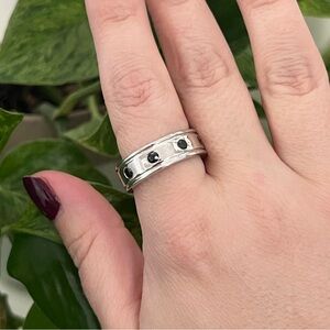 Vintage Sterling Silver Unisex Band with Black Stones, Size 10